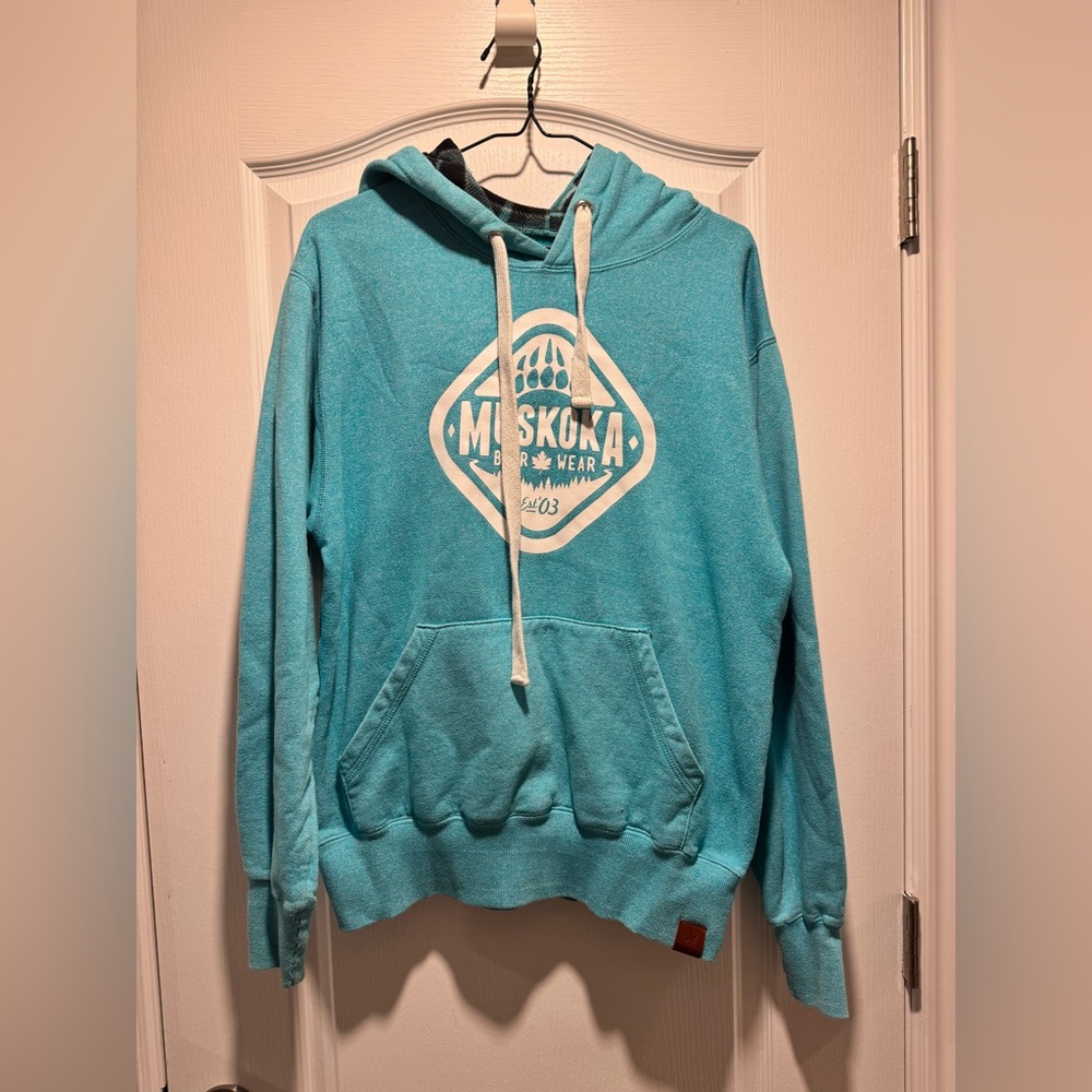 106- Muskoka Bear Wear Ladies Teal Pullover Hoodie Cozy Logo Sweatshirt- medium